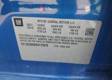 2016 Chevrolet Sonic Lt Auto z USA, uszkodzony, nr VIN 1G1JC5SHXG4173578